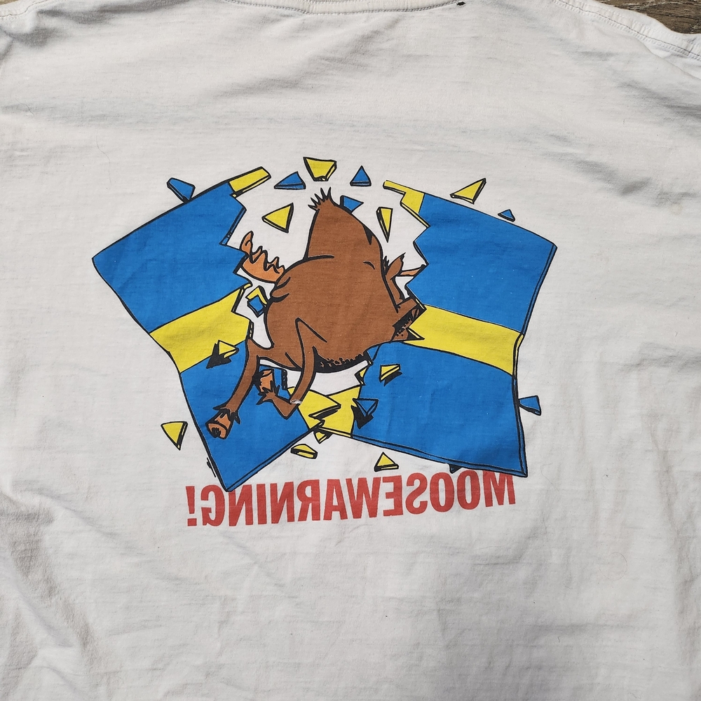 Vintage 90s Made In Sweden Disyressed MooseWarning White Graphic Tee - Picture 4 of 9